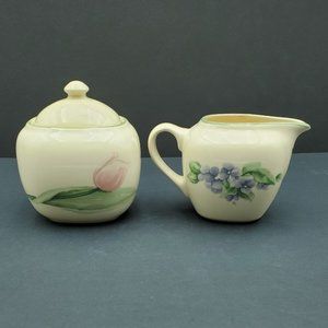 Pfaltzgraff Garden Party Creamer and Sugar Bowl with Lid Tulips Violets Leaves